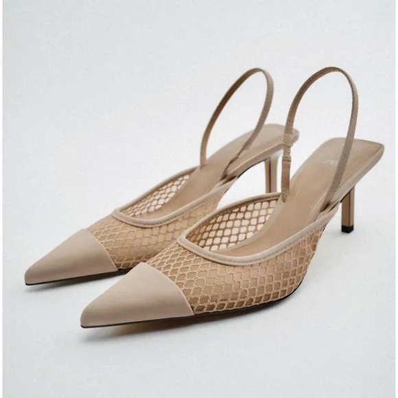 Zara NWT Mesh net detail pointed toe sling back heels size 40 - Picture 11 of 12